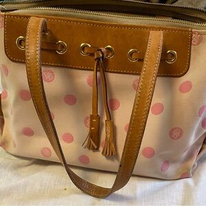 Dooney & Bourke Pink Polka Dot Tote with Brown Trim